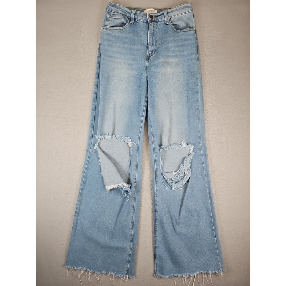 Vibrant M.I.U Jeans Womens Size 9 28x32 High Rise Wide Leg Light Wash Distressed